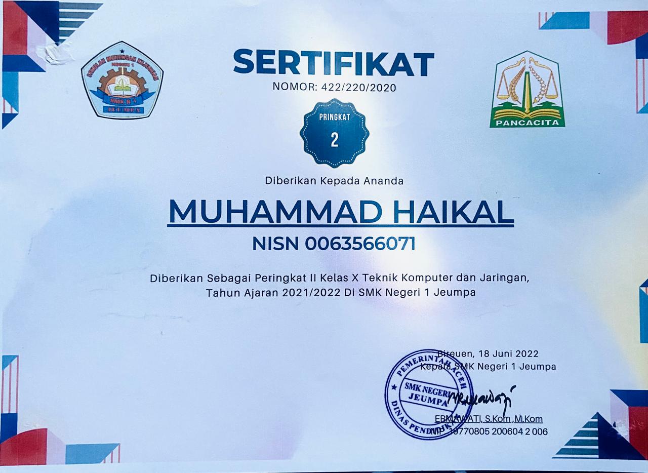 Sertifikat Peringkat 2 Kelas XII TKJ 2022