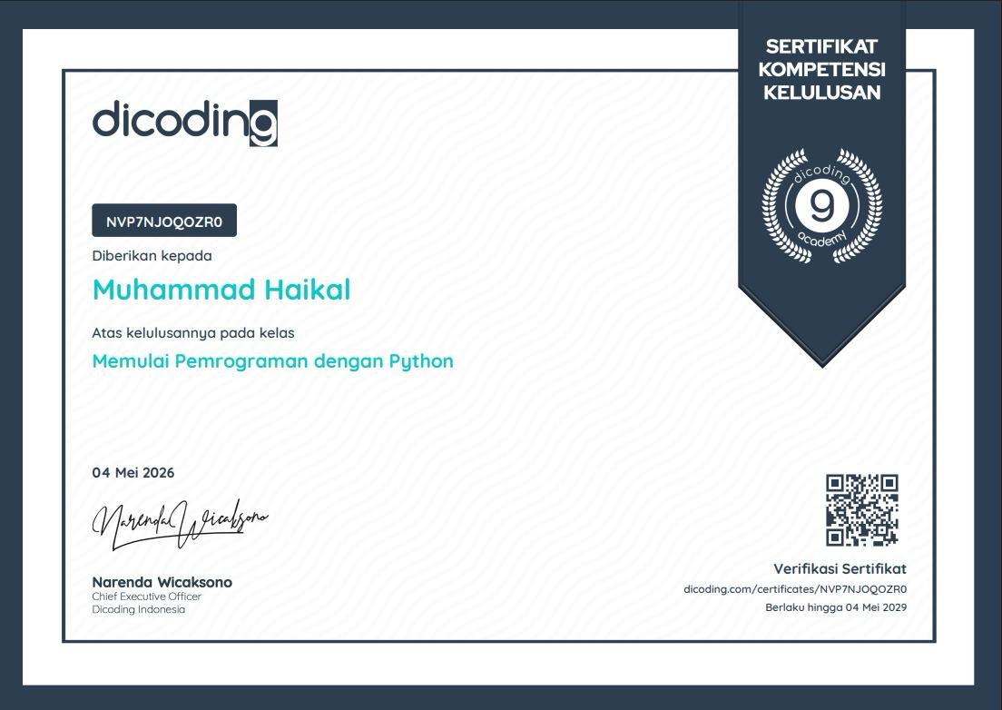Sertifikat Dicoding Pemrograman dengan Python