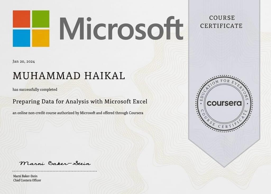 Sertifikat Coursera Microsoft Preparing Data with Excel